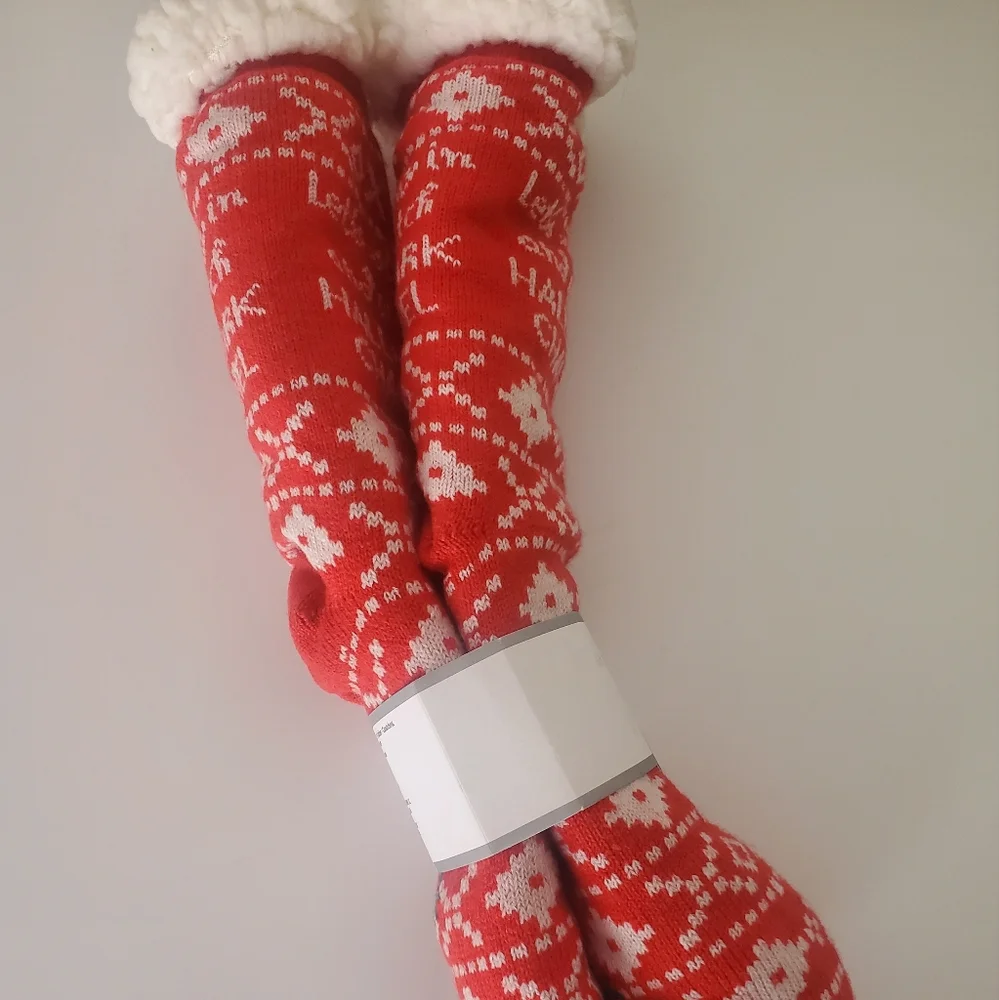 Hallmark Movie channel red white grip socks Faux shearling lined cozy one size
